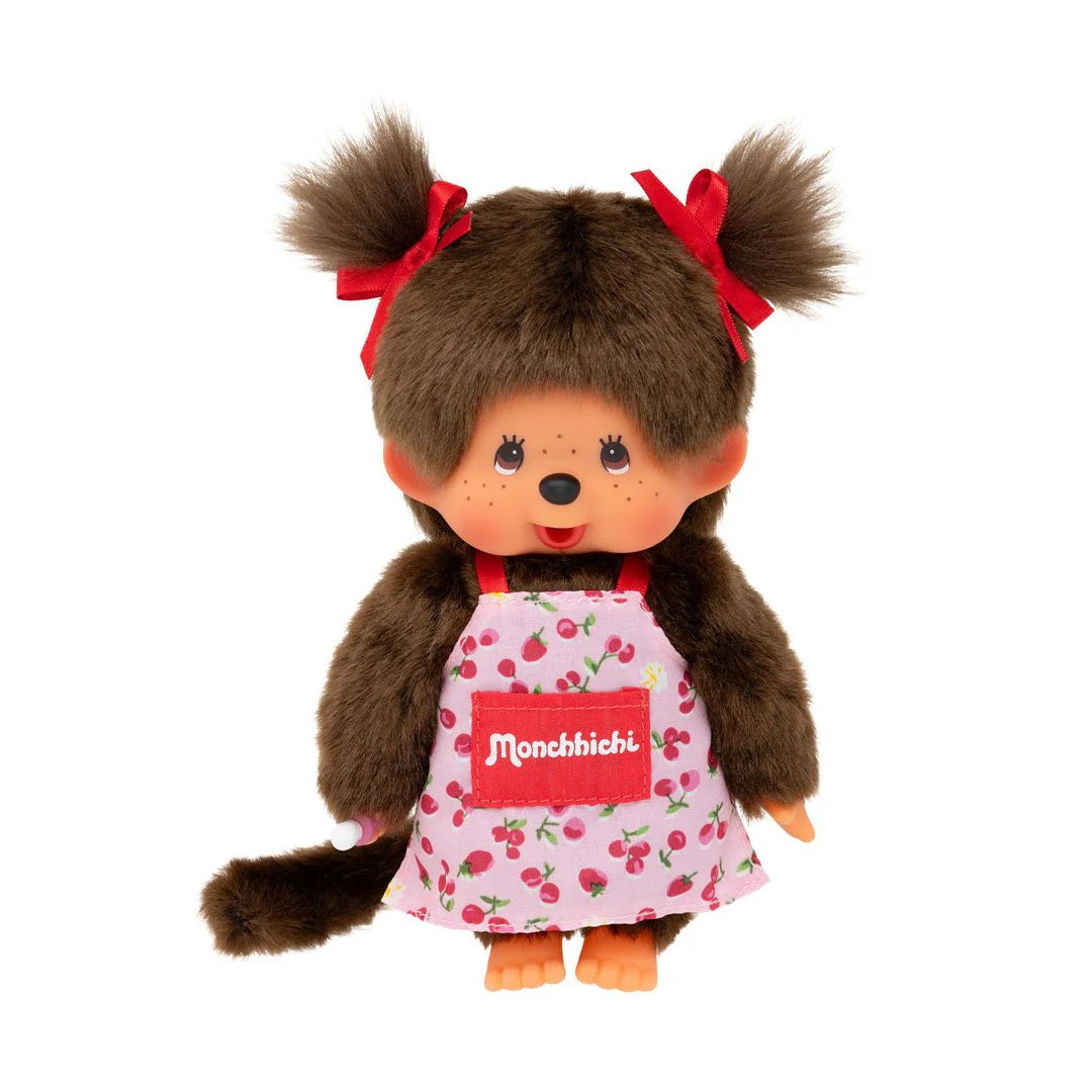 Monchhichi Girl - Flower Apron Plush Toy, brown monkey-style doll in cherry-print dress, red ribbons, floral apron, ideal for collectors and fans of Strangecat Toys.
