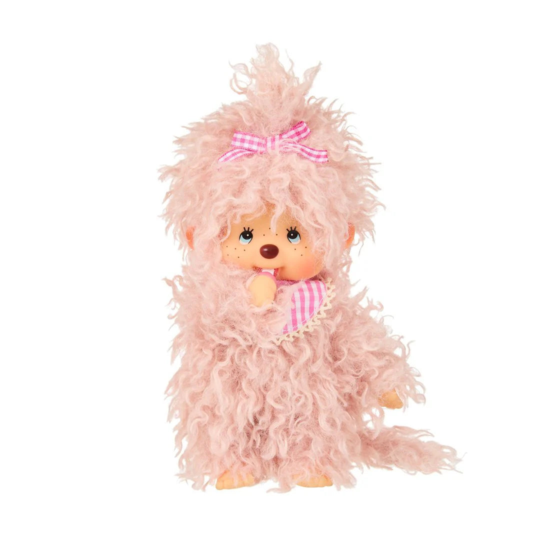 Monchhichi Girl - Fluffy Pink Beige Plush Toy with curly fur, gingham bow, signature bib, and expressive face; ideal for cuddling or collecting.