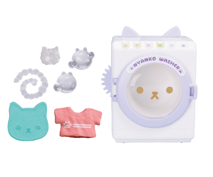 Cat Appliances DX3 Easy Cleaning Edition Gacha Series toy washer with cat-ear accents, includes play accessories: red T-shirt, sponge, hoses, and detergent pods.