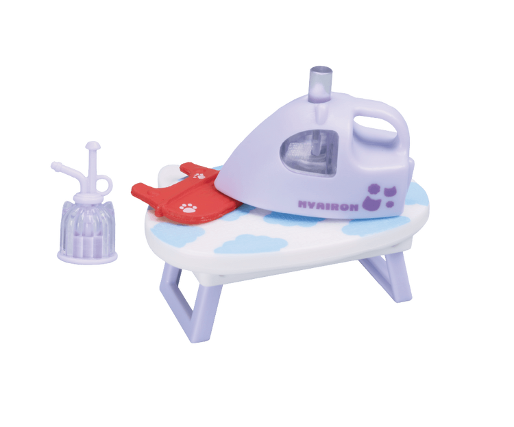 Cat Appliances DX3 Easy Cleaning Edition Gacha Series: A toy ironing set with a board, plastic iron, paw-shaped cloth, and spray bottle.