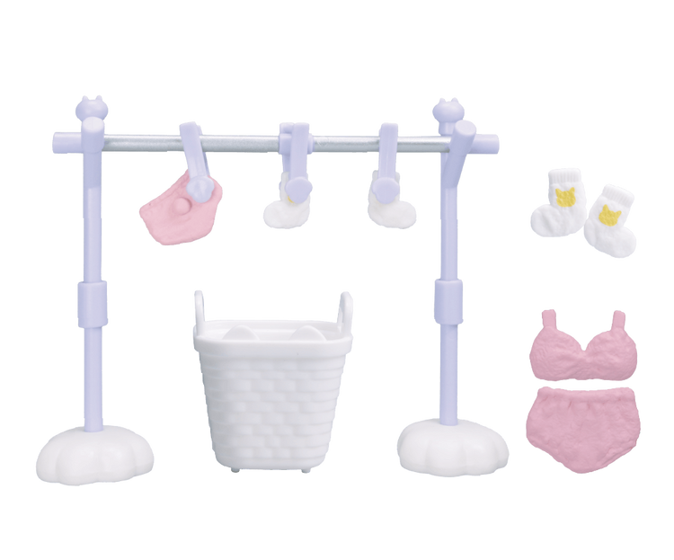 Cat Appliances DX3 Easy Cleaning Edition Gacha features a miniature lavender laundry set with drying rack, tiny clothing, and woven basket, embodying Strangecat Toys' playful, collectible spirit.
