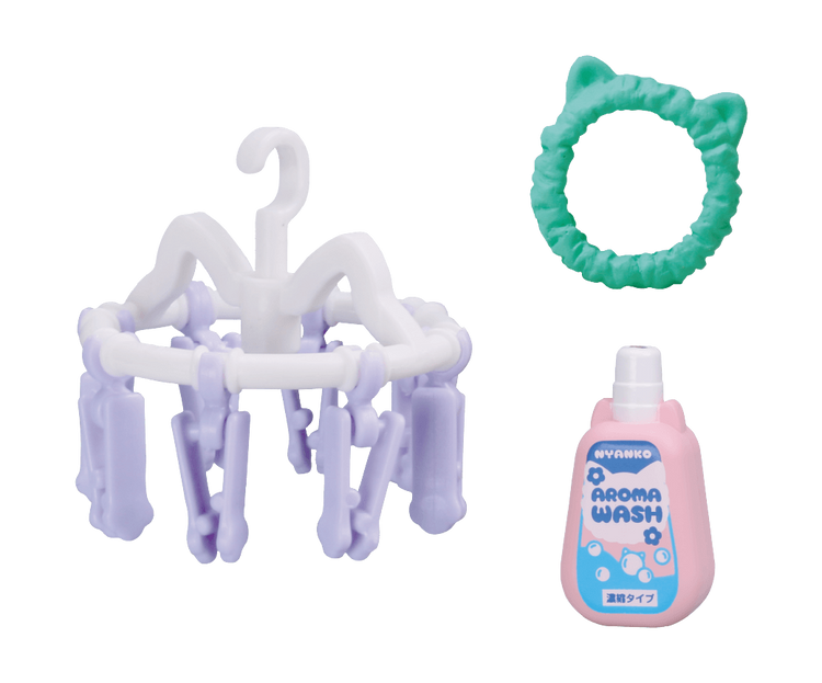 Cat Appliances DX3 Easy Cleaning Edition Gacha Series: A drying rack, cat-ear headband, and pink Nyanko Aroma Wash bottle from a blind box selection.