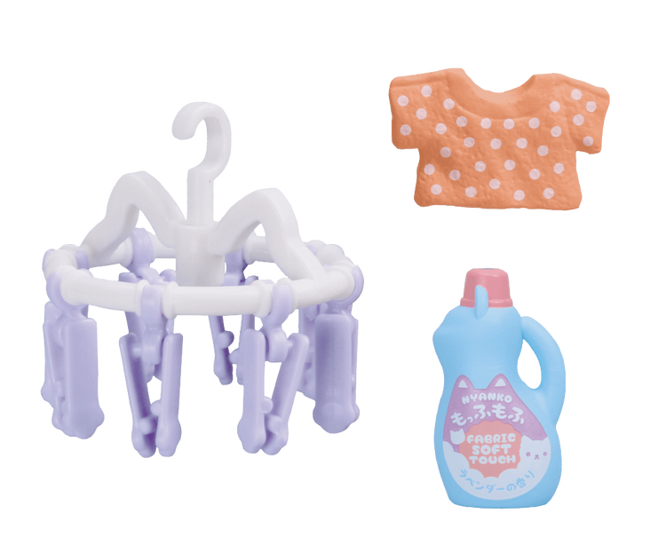 Cat Appliances DX3 Easy Cleaning Edition Gacha Series featuring a multi-clip hanger, polka-dot shirt, and Fabric Soft Touch softener bottle.