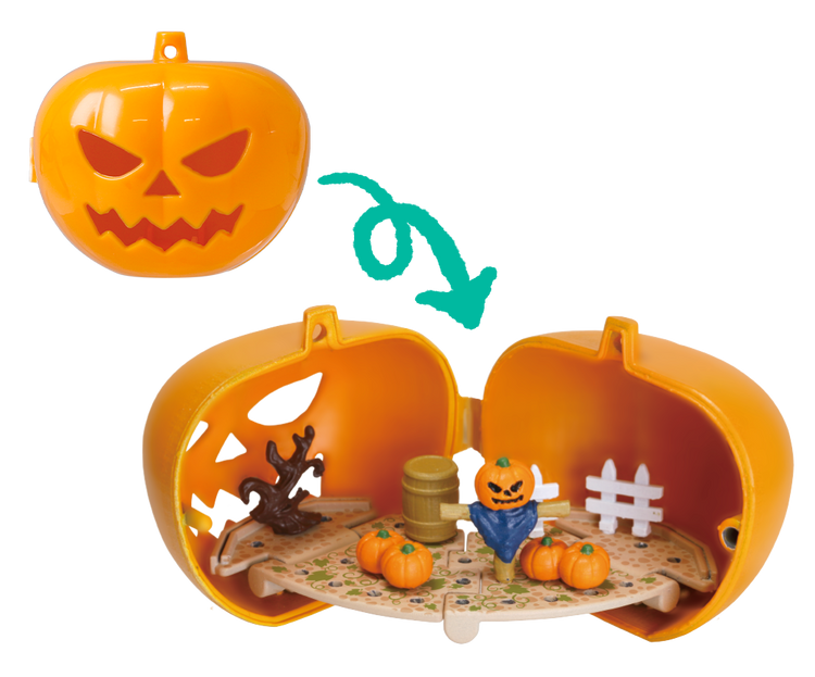 2-Way Halloween Ornament Gacha Series: A portable plastic pumpkin playset with a carved face, opening to reveal a Halloween scene with a scarecrow and accessories.