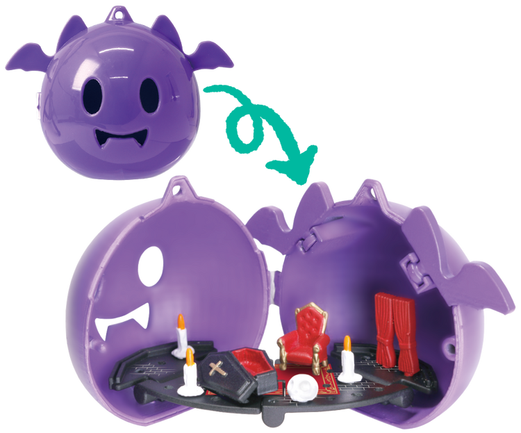 2-Way Halloween Ornament Gacha Series: A small capsule toy revealing a vampire diorama with a throne, coffin chest, skull, candles, and curtains.
