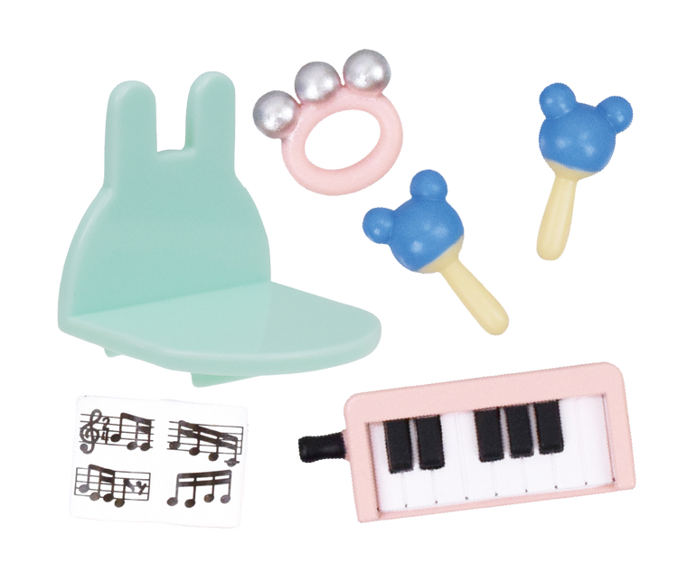 Sylvanian Families Forest Kindergarten Gacha toys, featuring cartoon-style figures, musical note elements, and a rattle, perfect for collectors from Strangecat Toys.