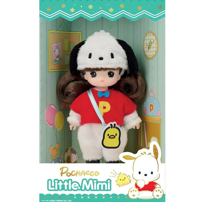 Sanrio x Little Mimi preorder: A boxed doll featuring a cartoon character with a hat, alongside a plush toy resembling a yellow duck. Ships May 2025.