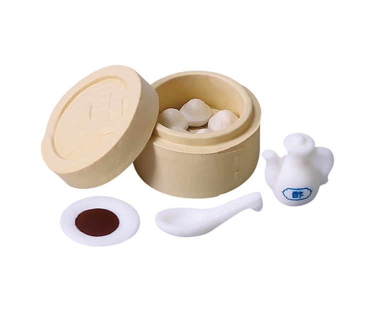 Tiny dim sum Gacha Series featuring a bamboo steamer with white dumplings, a dipping sauce dish, soup spoon, and vinegar cruet, perfect for surprise blind box collectors.