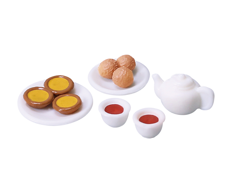 Tiny dim sum Gacha Series: A miniature set with tarts, dumplings, teacups, and a teapot, resembling a whimsical tea-time display.
