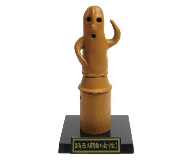 Dancing Haniwa female terracotta figurine from the Haniwa and clay figurines + earthenware and bronzeware Gacha Series, displayed with a plaque on a stand.