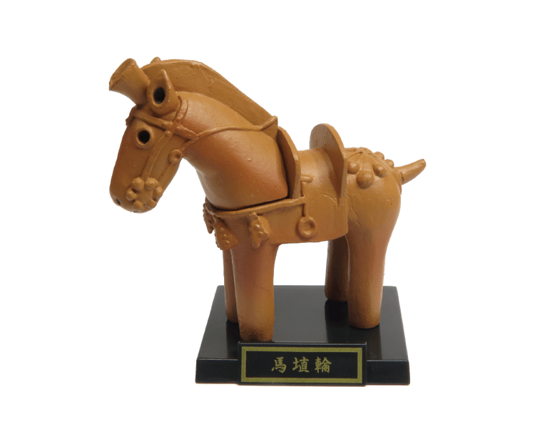 Stylized Haniwa horse figurine from the Haniwa and clay figurines + earthenware Gacha Series, crafted in warm clay-like material, on a black base.