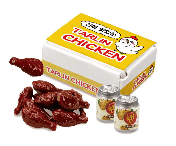 Close-up of Tiny Series Mukbang Korean Gourmet Gacha can, featuring detailed product design, linked to a blind box selection at Strangecat Toys.