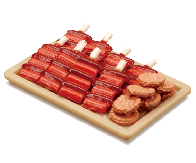 Tiny Series Mukbang Korean Gourmet Gacha featuring assorted finger foods like cookies and meats, reflecting Strangecat Toys' unique art toy and blind box offerings.