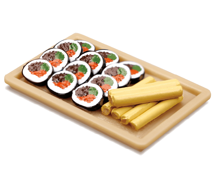 Close-up of Tiny Series Mukbang Korean Gourmet Gacha sushi roll, showcasing detailed craftsmanship, part of Strangecat Toys' unique blind box collection.