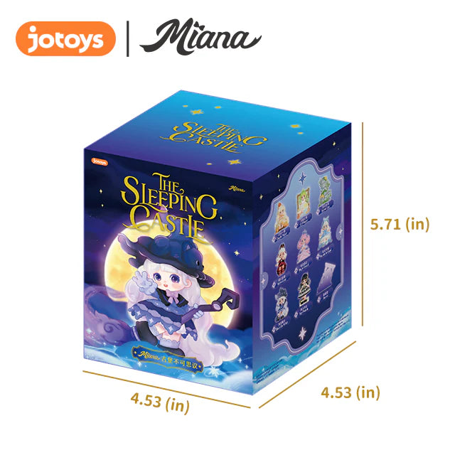 Miana The Sleeping Castle Series Blind Box featuring chibi witch-girl artwork, jotoys and Miana logos, with lineup of 8 collectible figures on packaging.