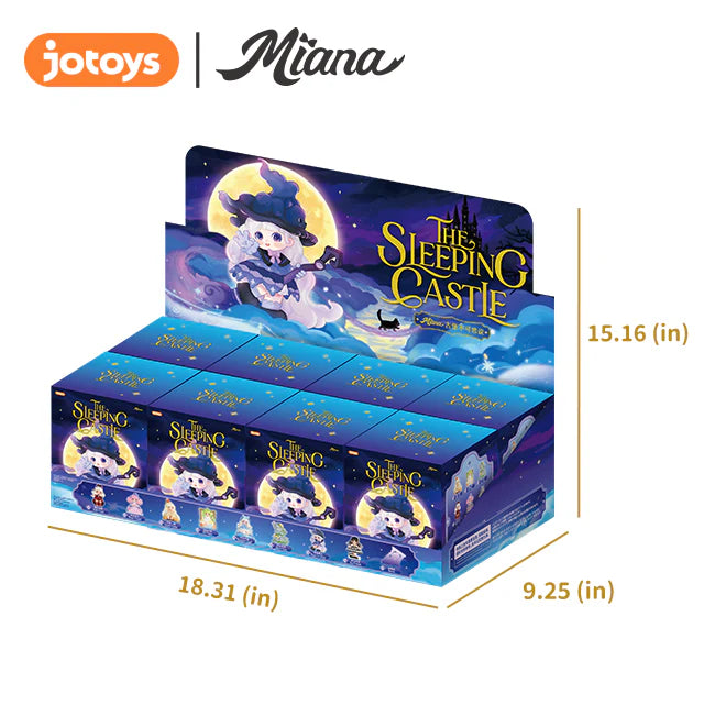 Miana The Sleeping Castle Series Blind Box display featuring collectible figures in moonlit-themed packaging with a witch-girl and cat design.