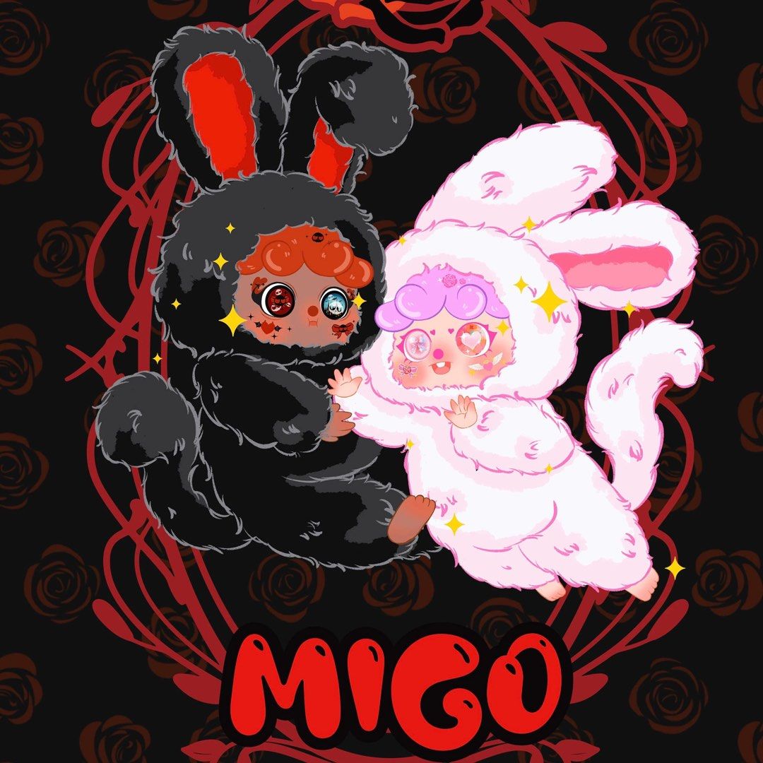 Migo Twins 400% plush toys, featuring chibi characters in fluffy bunny suits with unique eyes, set against a decorative backdrop, embodying Strangecat Toys' artistic style.