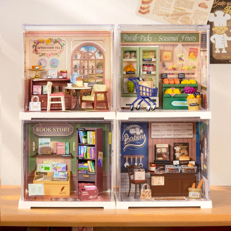 Rolife Mini Super Creator DIY Miniature House - Shop Series: Four detailed diorama boxes featuring a tea parlor, fruit stall, bookstore, and bakery.