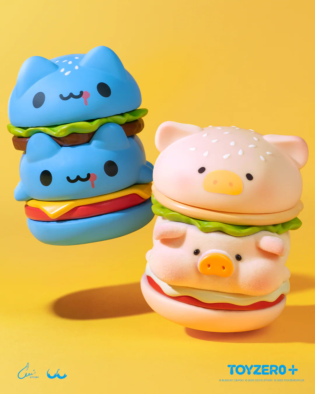 LuLu the Piggy x Capoo - LuLuBurger collectible toys featuring animal-faced burger sandwiches, showcasing blue cats and pink pigs in a whimsical, stackable design.