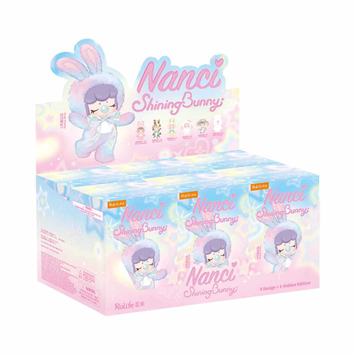 Nanci's Shining Bunny Plush Blind Box featuring cartoon-style dolls in a toy box, offering six designs plus a hidden edition, made of PVC and polyester.
