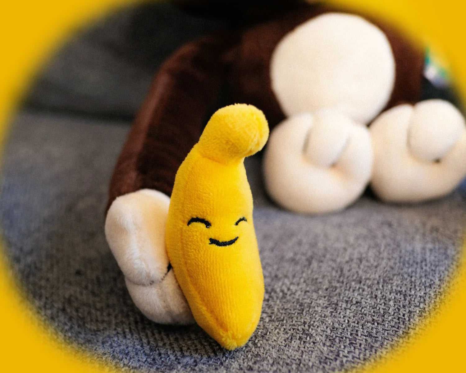 Monkay + Alligator Plush by Life Machine, featuring a smiling banana plush held by a monkey, showcasing magnetic features for harmony and playful interaction.