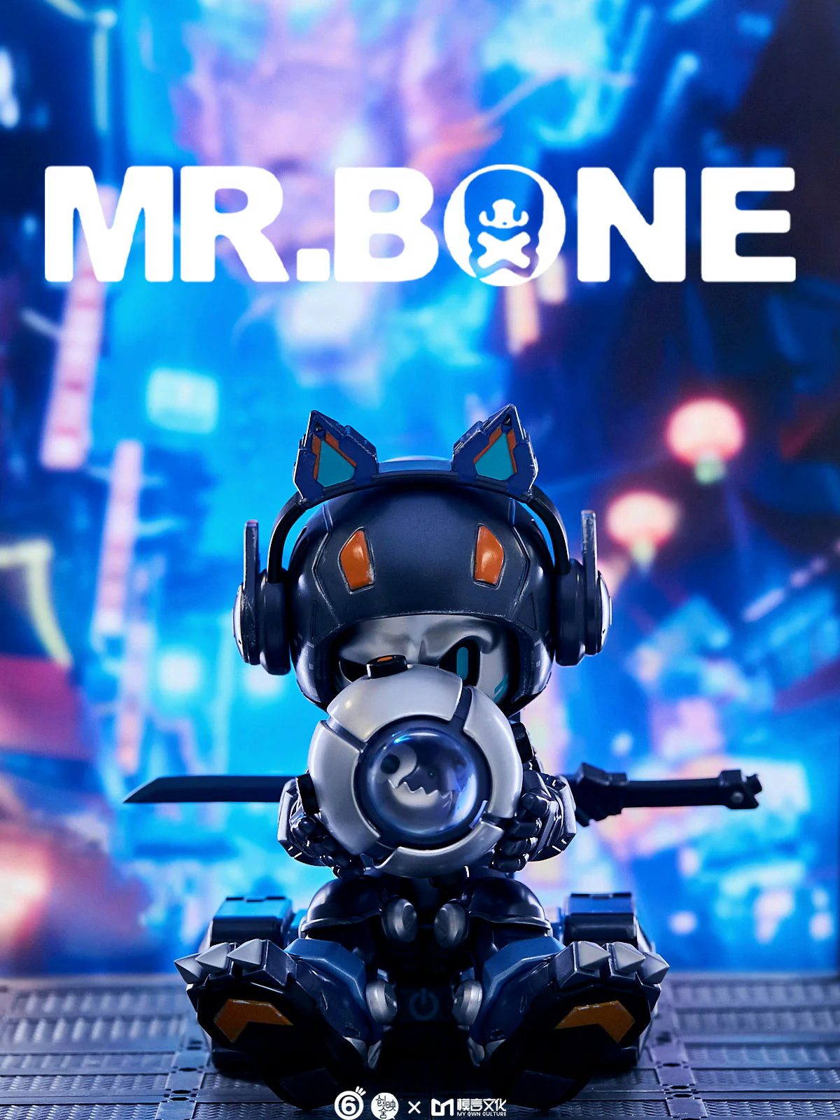 MR. BONE: Shadow Blade Limited Edition collectible figure, featuring cat-ear antennas, oversized headphones, and a lens device, seated on a metallic platform.
