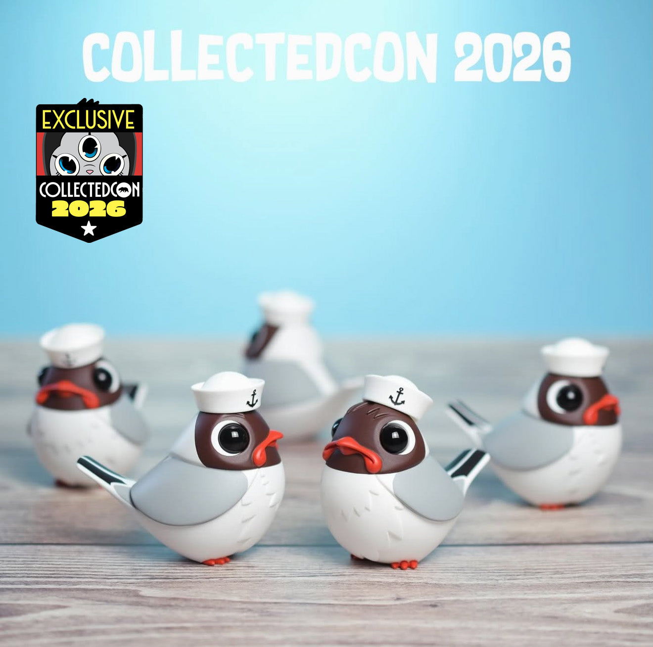 Black Headed Seagull Robin figurines, CollectedCon 2026 exclusive, feature grey-and-white bodies, brown heads, red beaks, and sailor caps. Limited to 10 pieces.