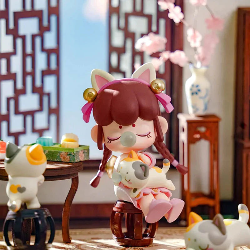 Nanci Series 10 Blooming Girl Blind Box figurine, showcasing a girl holding a cat, part of a collectible series with 12 designs and 1 secret.