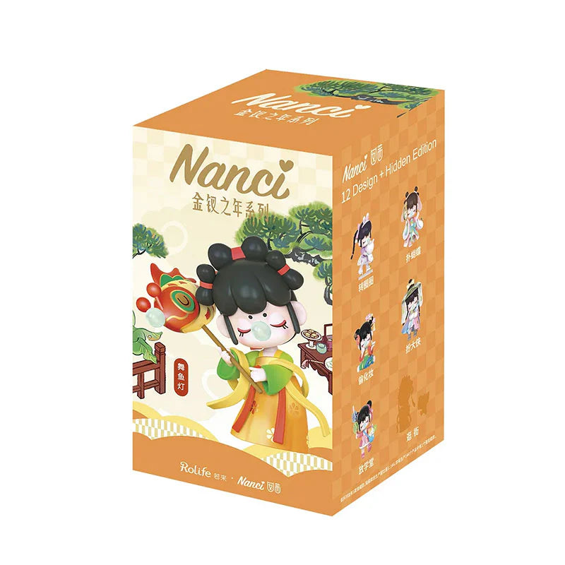 Nanci Series 10 Blooming Girl Blind Box featuring a cartoon character holding a stick, part of a collectible set with 12 designs and 1 secret option.