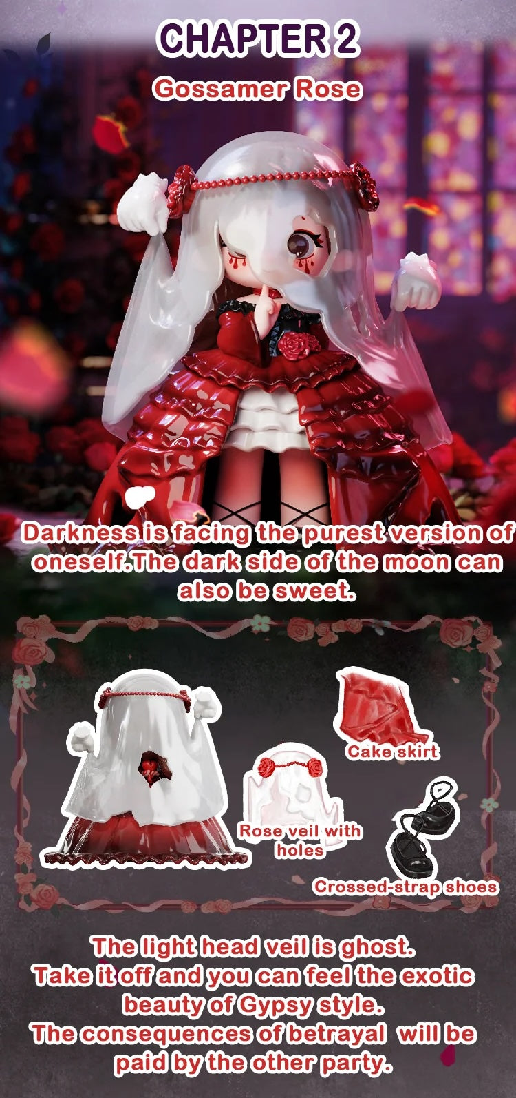 ZIYULI My Own Wedding Series Blind Box: Chibi doll in rose-themed Gothic outfit, featuring cake skirt, rose veil, and crisscross sandals. Preorder for October 2025 shipment.