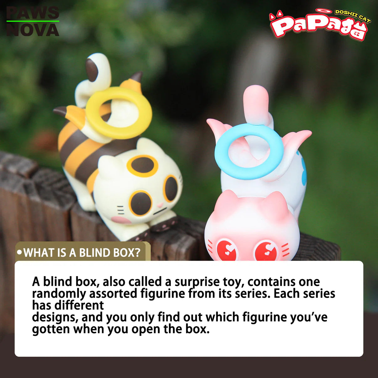 TROUBLE CREW PAPA CAT BLIND BOX figurines on display, featuring two unique cat designs. Text explains the blind box concept and series details.