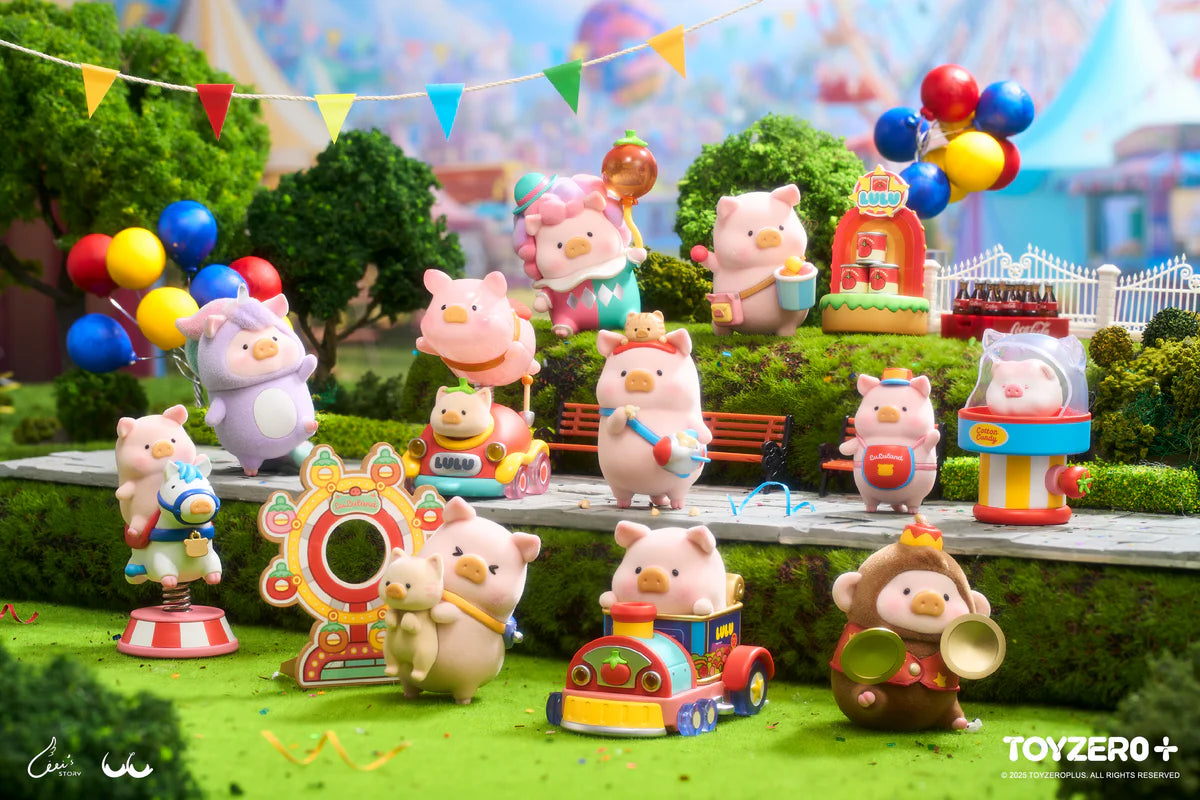 LuLu the Piggy - LuLuLand Series Blind Box features whimsical pig figurines in a vibrant carnival setting with rides, games, and playful costumes.