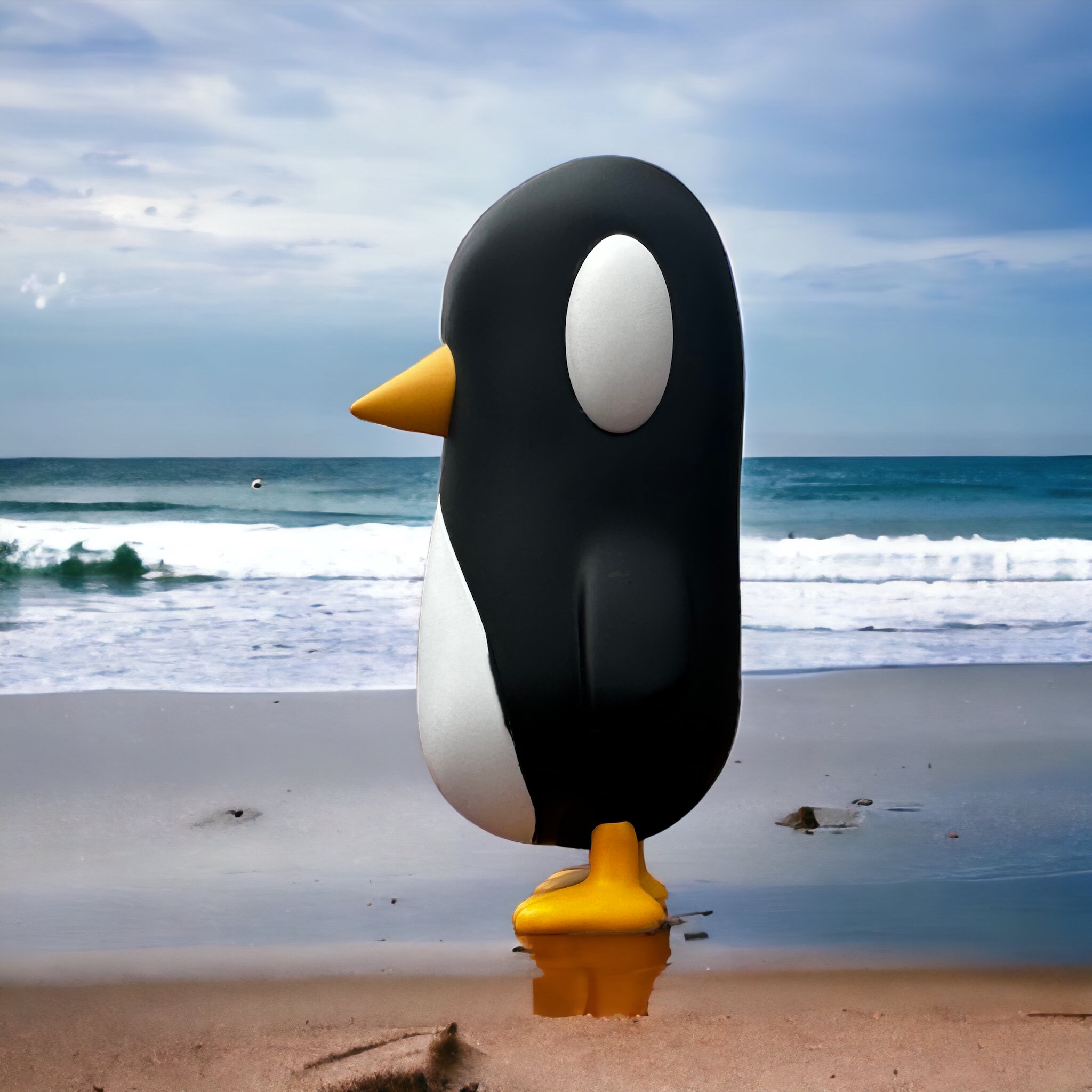 A penguin statue on a beach, part of the Old Friend by Chris RWK vinyl collection.