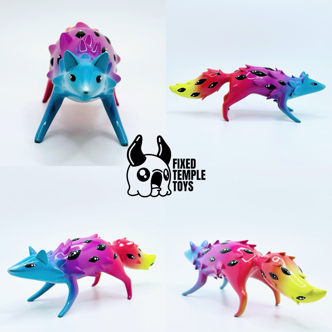 Sunset Oracle by FixedTempleToys x Faunwood: A stylized fox-like art toy with spiky back, gradient finish, and eye-shaped spots, showcased in multiple views.
