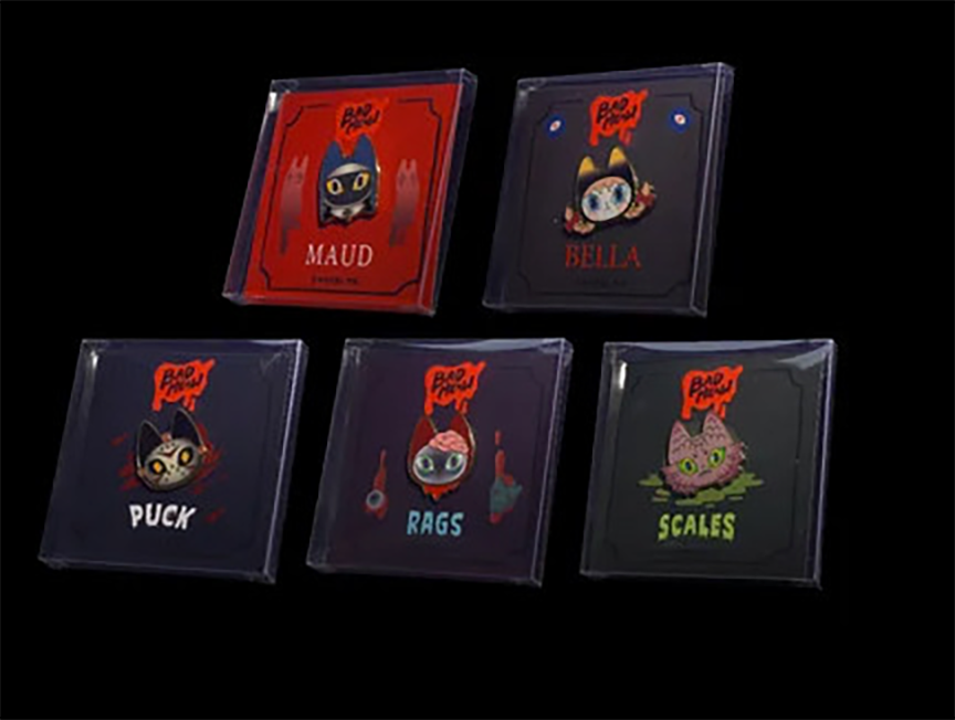 Badmeaw enamel pins: A group of cases with cartoon characters, a case with a cartoon character, a close-up of a case, and a pin.