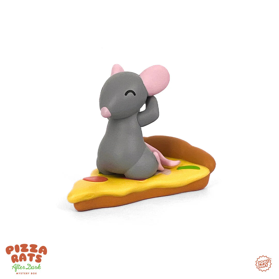 Pizza Rats After Dark Mystery Box figurine: a grey rat with pink ears and tail, perched on a slice of pizza with pepperoni and veggies.