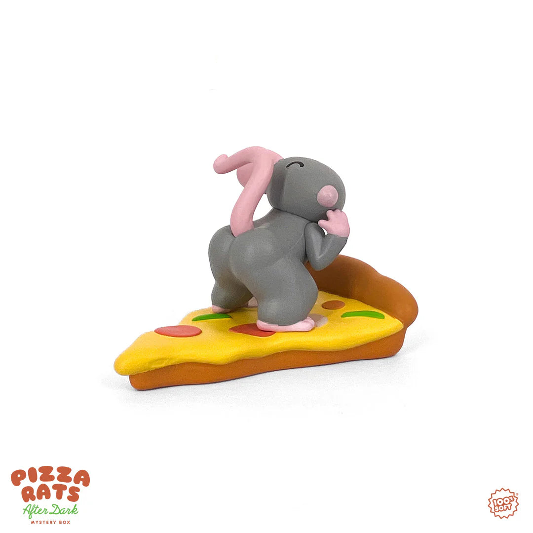 Pizza Rats After Dark Mystery Box by 100% Soft: Gray rat figure with pink accents posed on pepperoni pizza slice, part of a collectible, risqué blind box series.