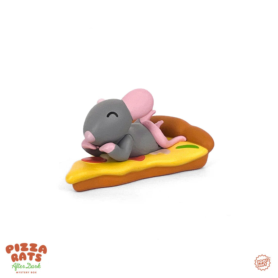 Pizza Rats After Dark Mystery Box by 100% Soft featuring a grey-and-pink rat lounging on a pizza slice, with series logo and badge visible.