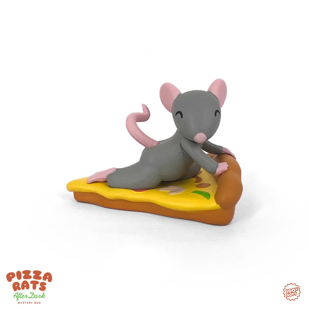 Pizza Rats After Dark Mystery Box figurine, a gray rat on a pizza slice, showcasing 100% Soft's collectible toy series with playful, risqué poses.