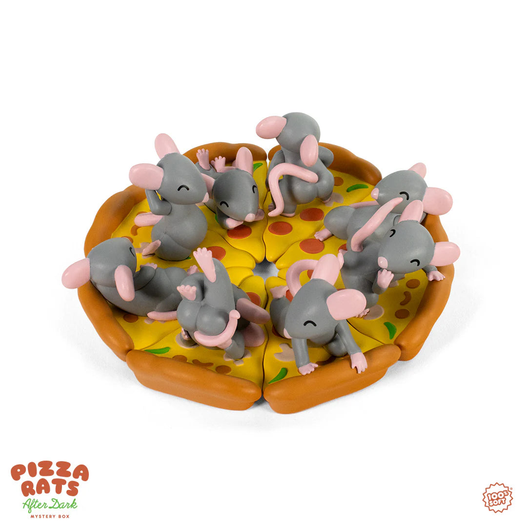 Pizza Rats After Dark Mystery Box by 100% Soft: Eight gray-pink rat figurines on pizza slices, forming a whole pizza, part of a collectible series.