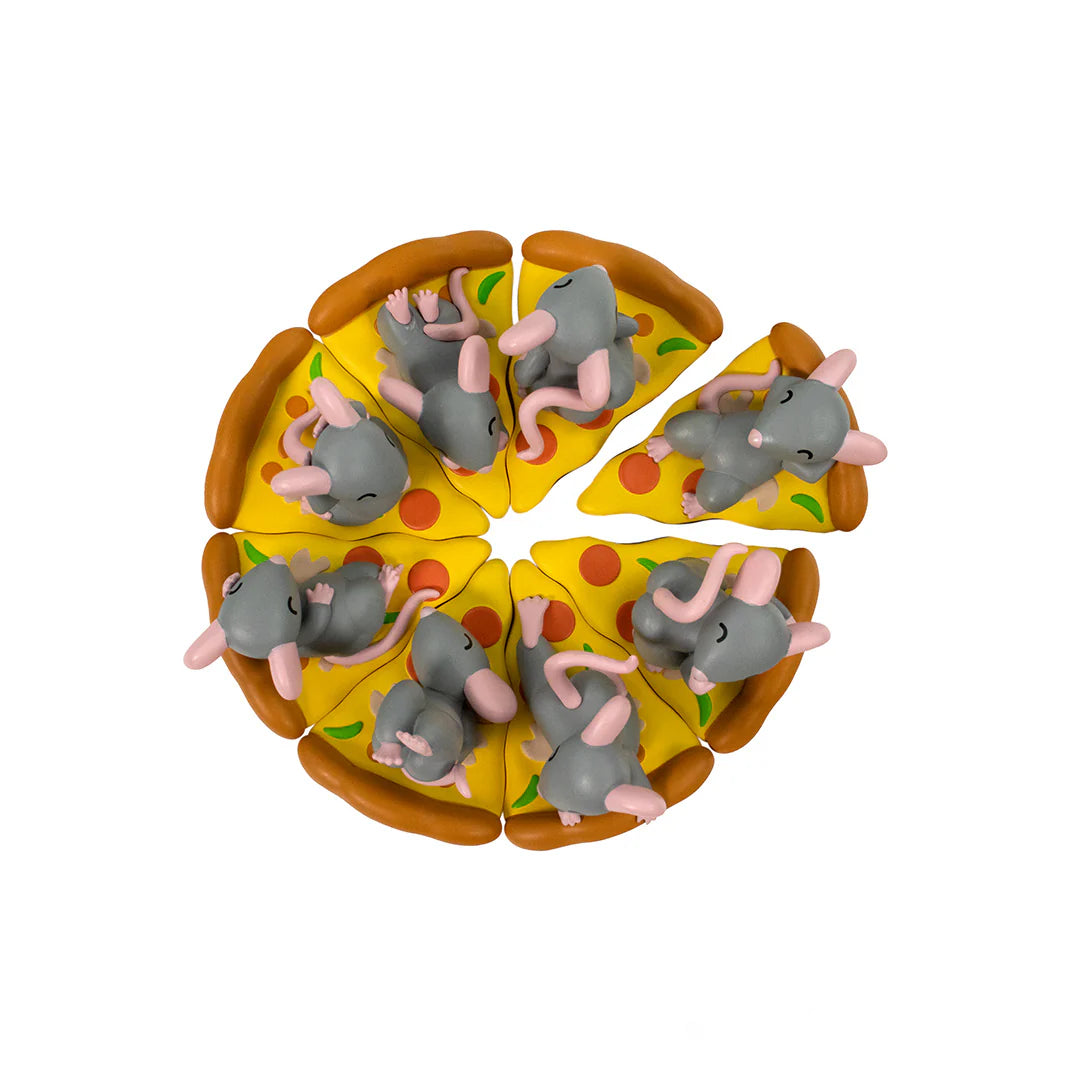 Pizza Rats After Dark Mystery Box by 100% Soft features eight cartoon mice sleeping on pepperoni pizza slices, forming a complete pie.