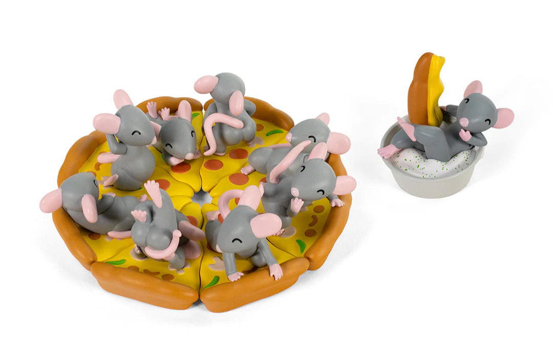 Pizza Rats After Dark Mystery Box by 100% Soft features cartoon-style mice on pizza slices, showcasing playful poses in a collectible playset format.