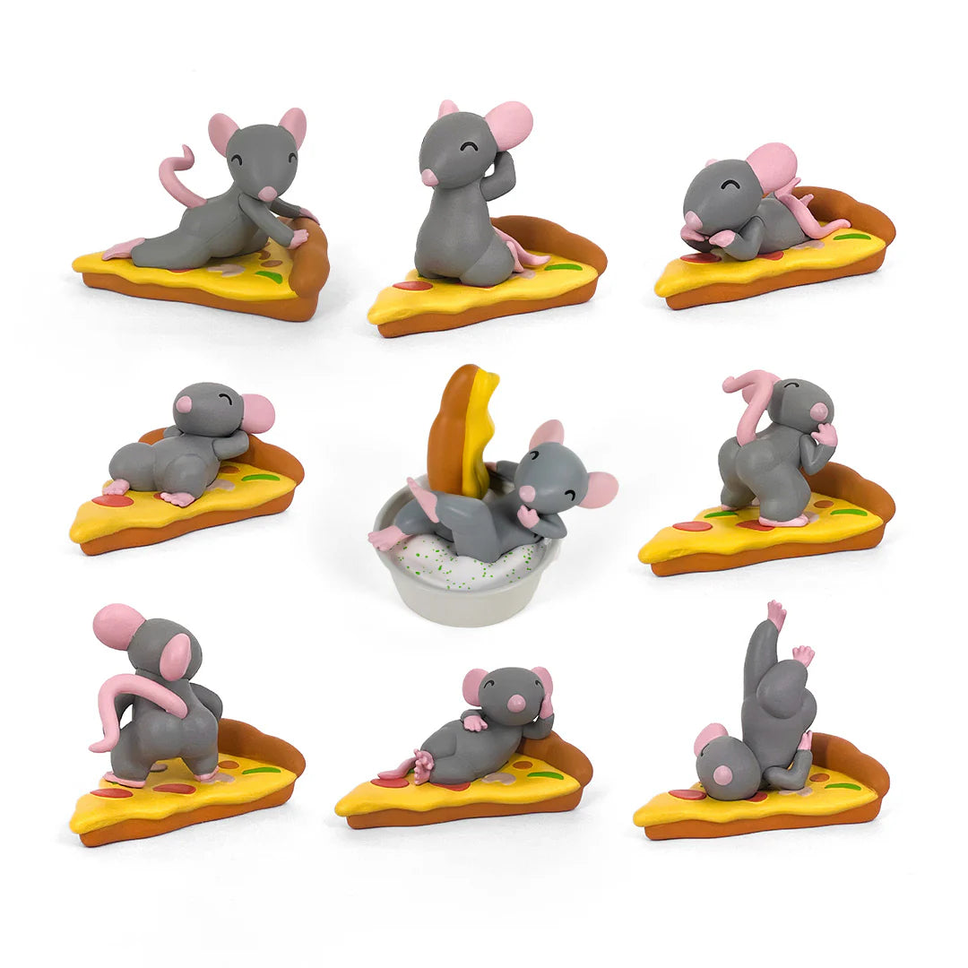 Pizza Rats After Dark Mystery Box by 100% Soft features nine quirky mouse figurines posing on pizza slices, perfect for blind box collectors.