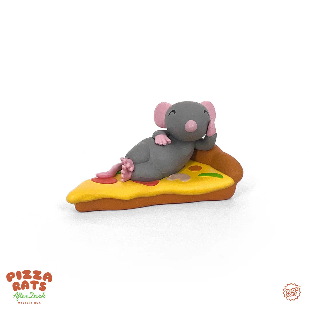 Pizza Rats After Dark Mystery Box by 100% Soft features a lounging rat figurine on a detailed pizza slice, showcasing playful, collectible art toy design.