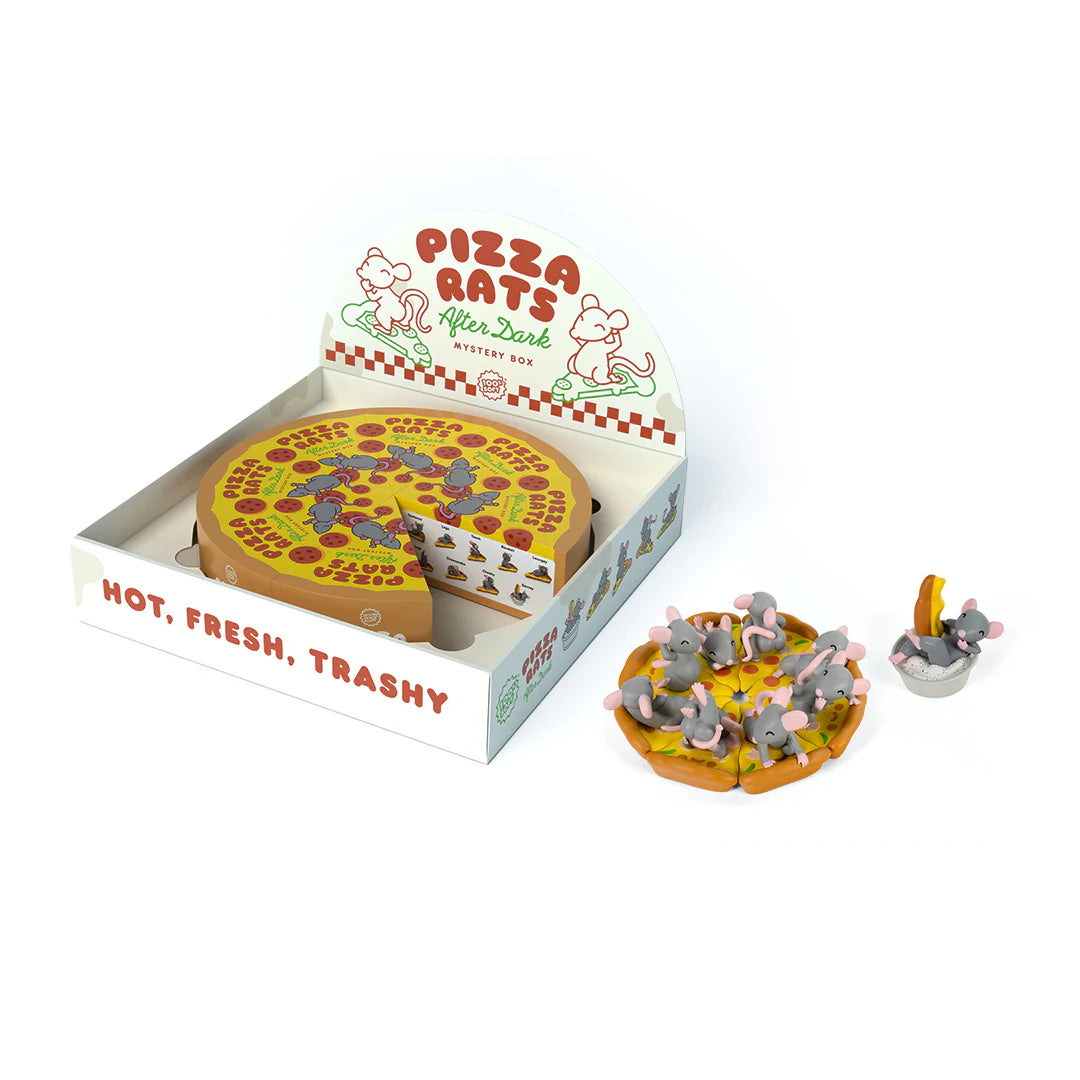 Pizza Rats After Dark Mystery Box by 100% Soft: Novelty collectible featuring rats on pizza slices, packaged in a pizza box, includes mystery figures in playful poses.