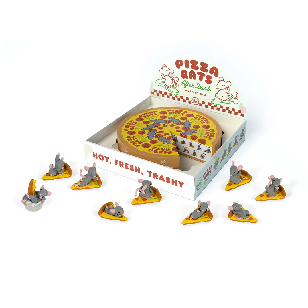 Pizza Rats After Dark Mystery Box by 100% Soft: A pizza box reveals blind-box slices with collectible rat figurines in playful poses atop pizza slices.