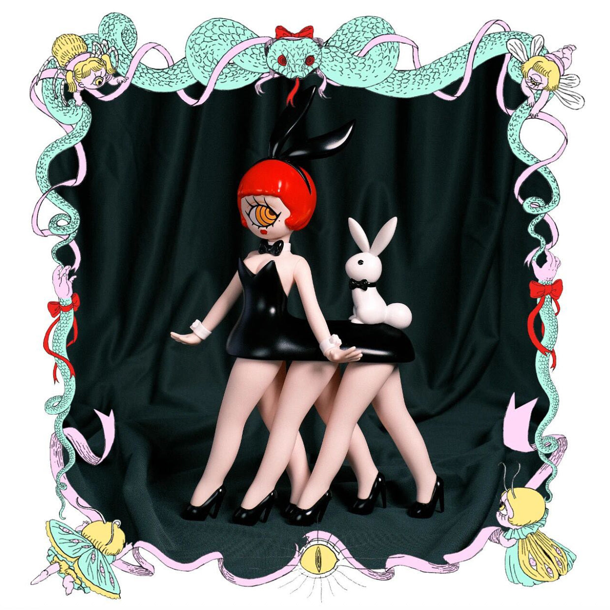 Playboy × Abao - Bunny Girl: a surreal vinyl art toy featuring four-legged, red-haired bunny figure with a companion rabbit, framed by whimsical cartoon elements. Preorder available.