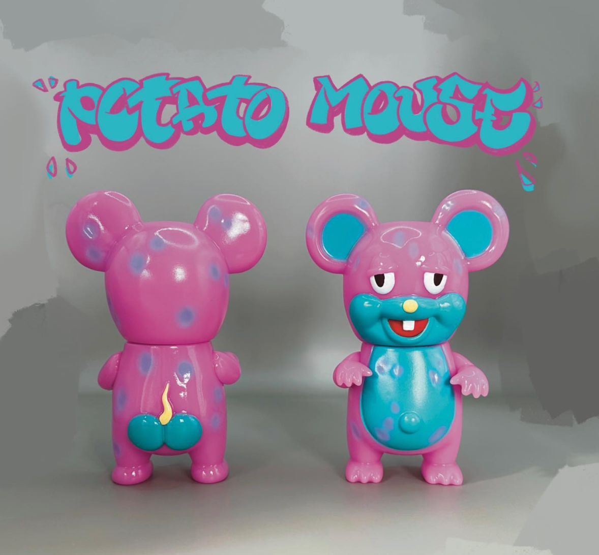Giant Odd Colored Rat by Potato Mouse: Glossy pink designer toy with turquoise accents, showcasing playful rodent features and a cute, whimsical expression.