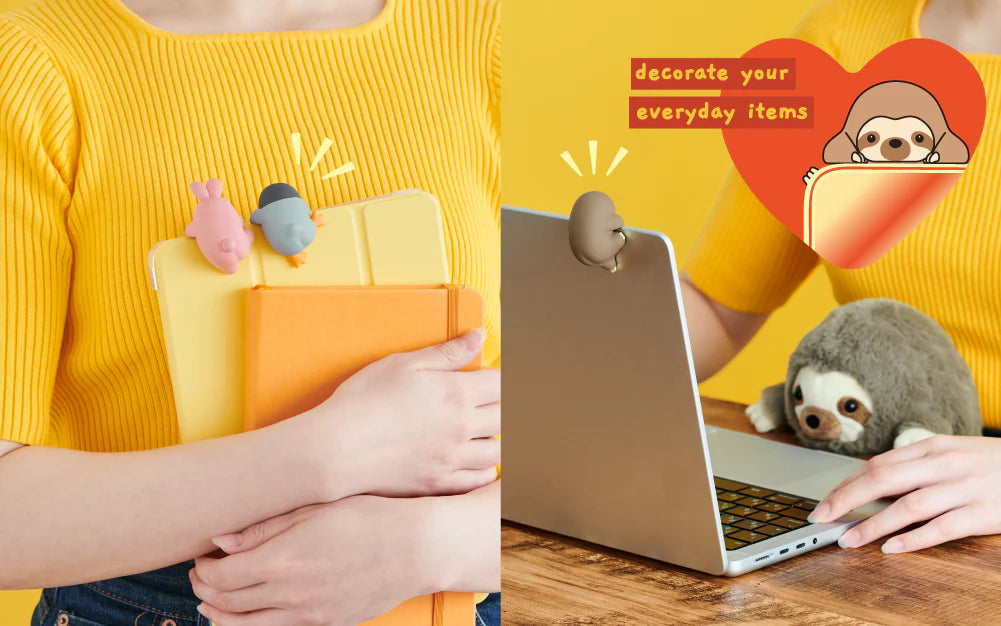 HIPPERS Funbarus silicone clips and plush toys decorate journals and a laptop, showcasing cute animal-themed accessories for personalizing everyday items.