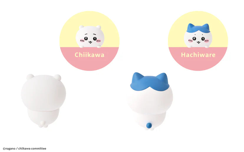 HIPPERS CHiiKAWA vinyl figures, featuring Chiikawa and Hachiwara, with front and rear views, showcasing adorable round designs and blushing cheeks, ideal for decorating everyday items.